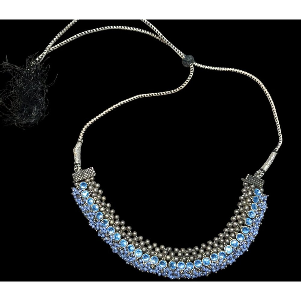 Indian Bridal Blue And Silver Tone Rhinestone And Beaded Adjustable Necklace